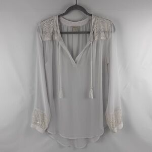 Ariat White Semi Sheer Lace Sequin Western Boho Blouse Tassel Tie Peasant Top M